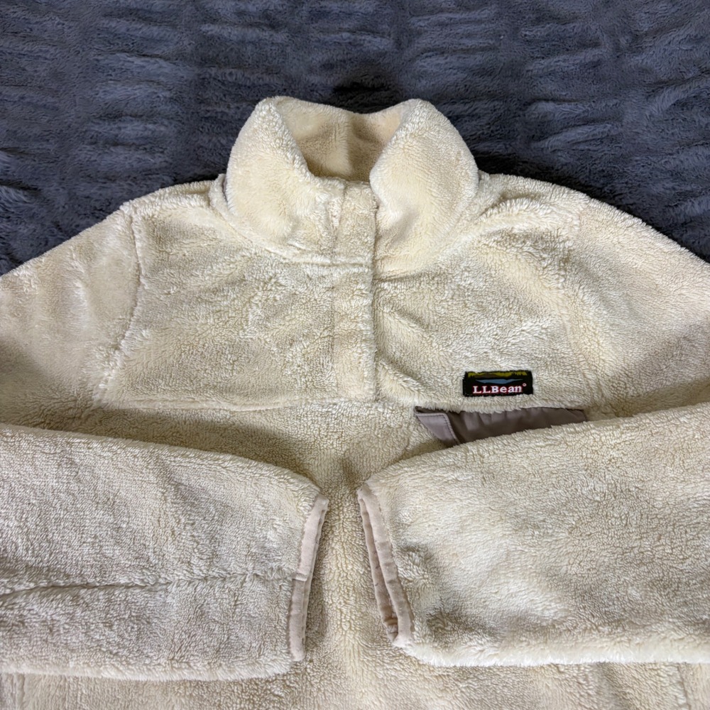LL Bean Womens Cream Hi-Pile Fleece Quarter Snap Pullover Jacket 505112 Small